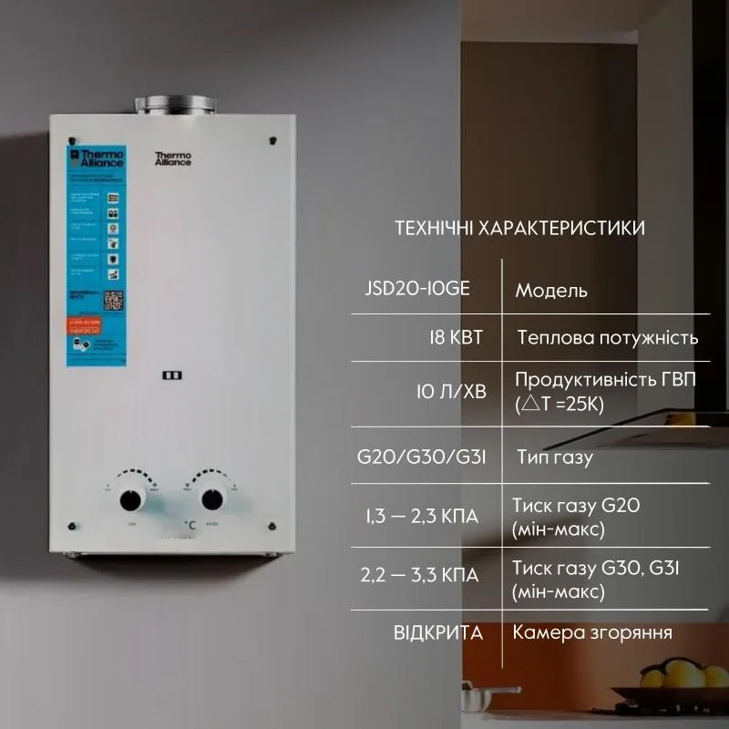 Газова колонка Thermo Alliance JSD20-10GE 10 л димохідна біле скло 327х195х590 мм