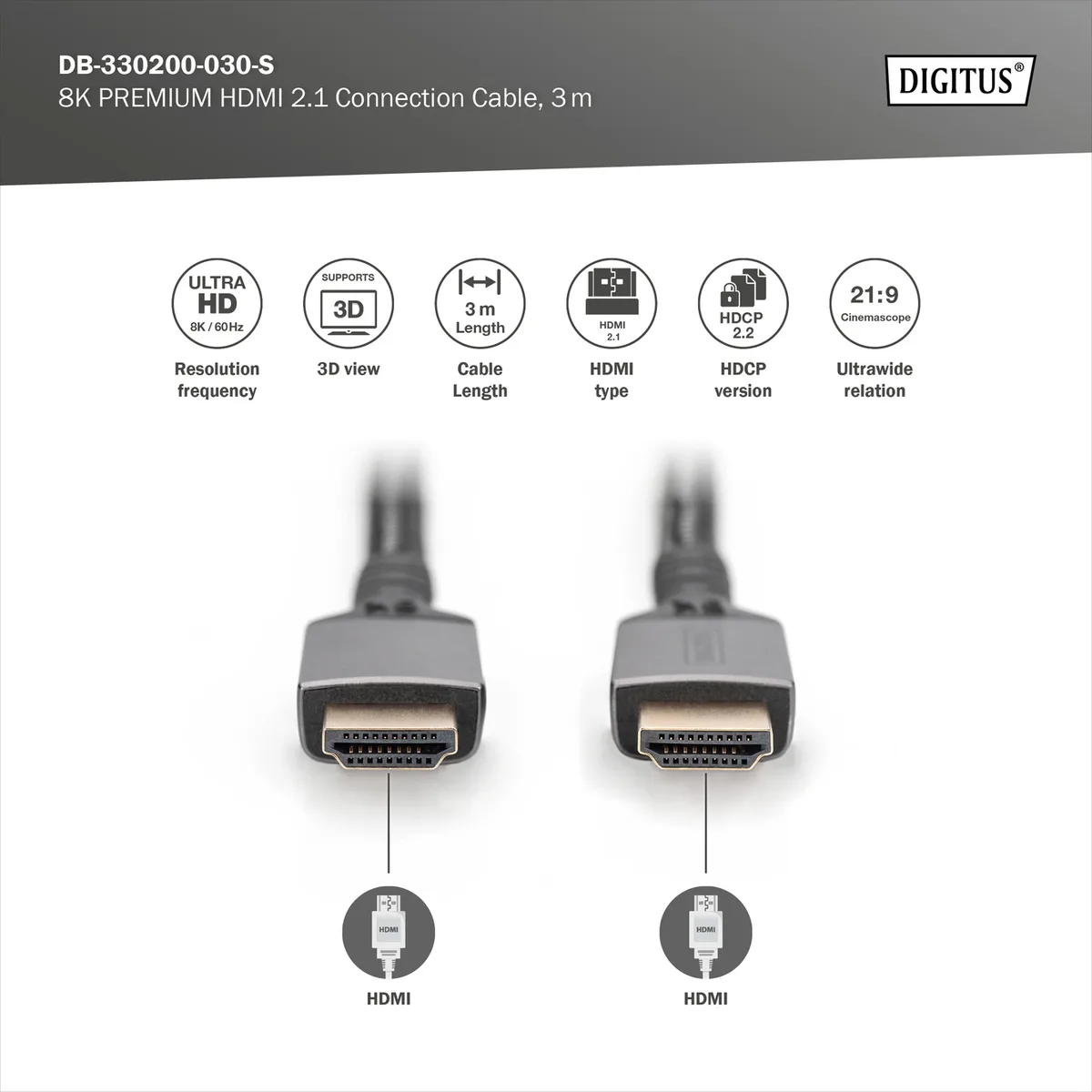 Кабель DIGITUS HDMI (M/M), 8K, Ultra High speed/Ethernet, 3м, чорний
