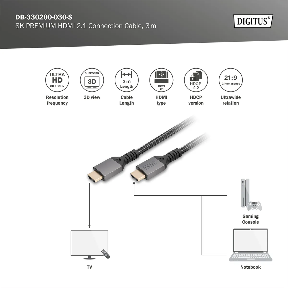 Кабель DIGITUS HDMI (M/M), 8K, Ultra High speed/Ethernet, 3м, чорний