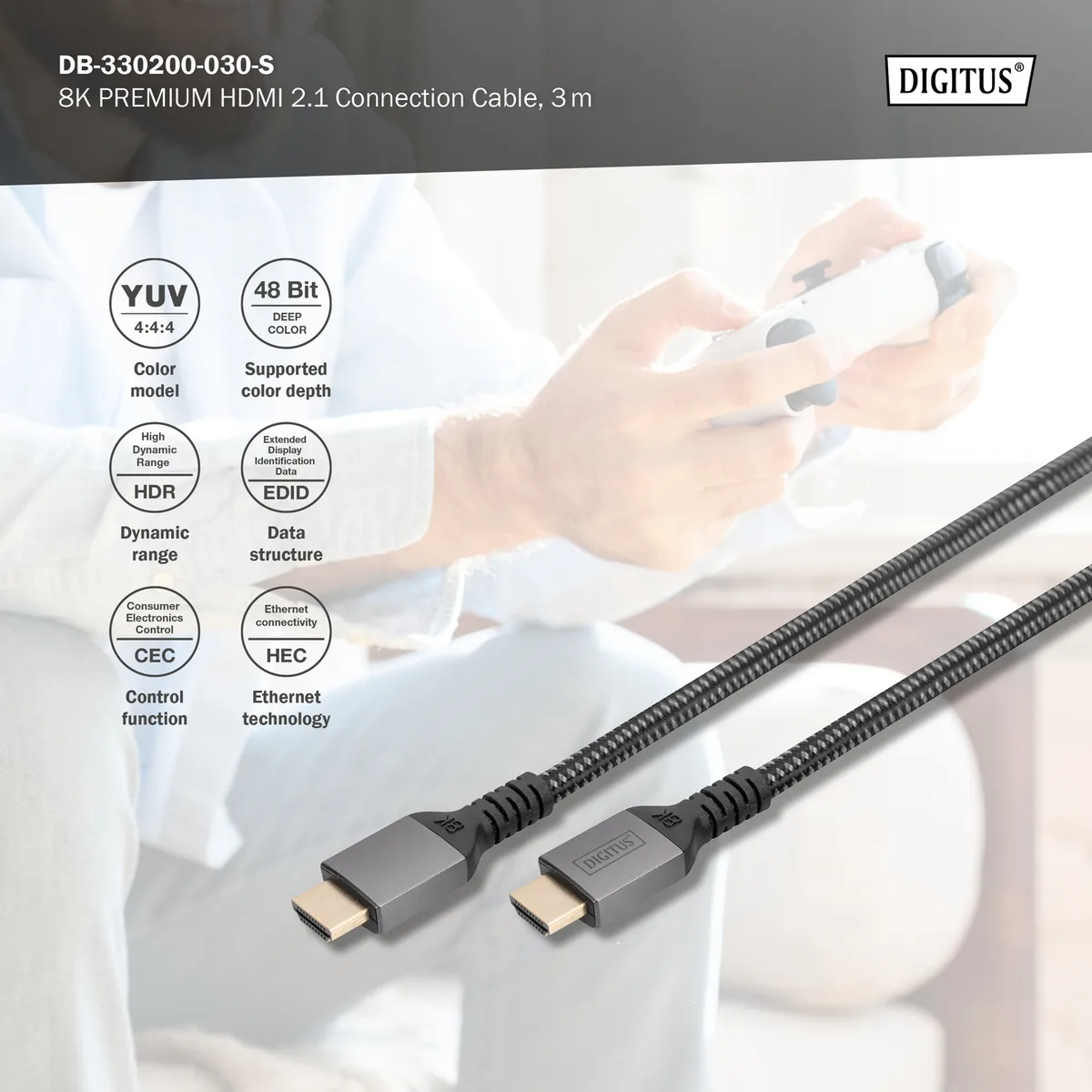 Кабель DIGITUS HDMI (M/M), 8K, Ultra High speed/Ethernet, 3м, чорний