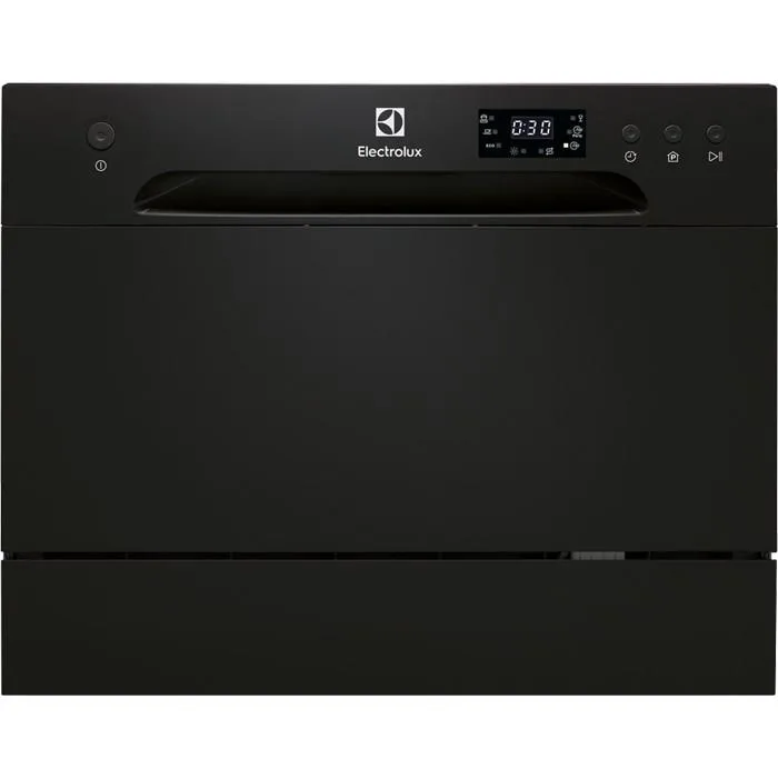 Настільна посудомийна машина Electrolux, 6 комплектів, клас F, 55 см, з дисплеєм, чорного кольору.