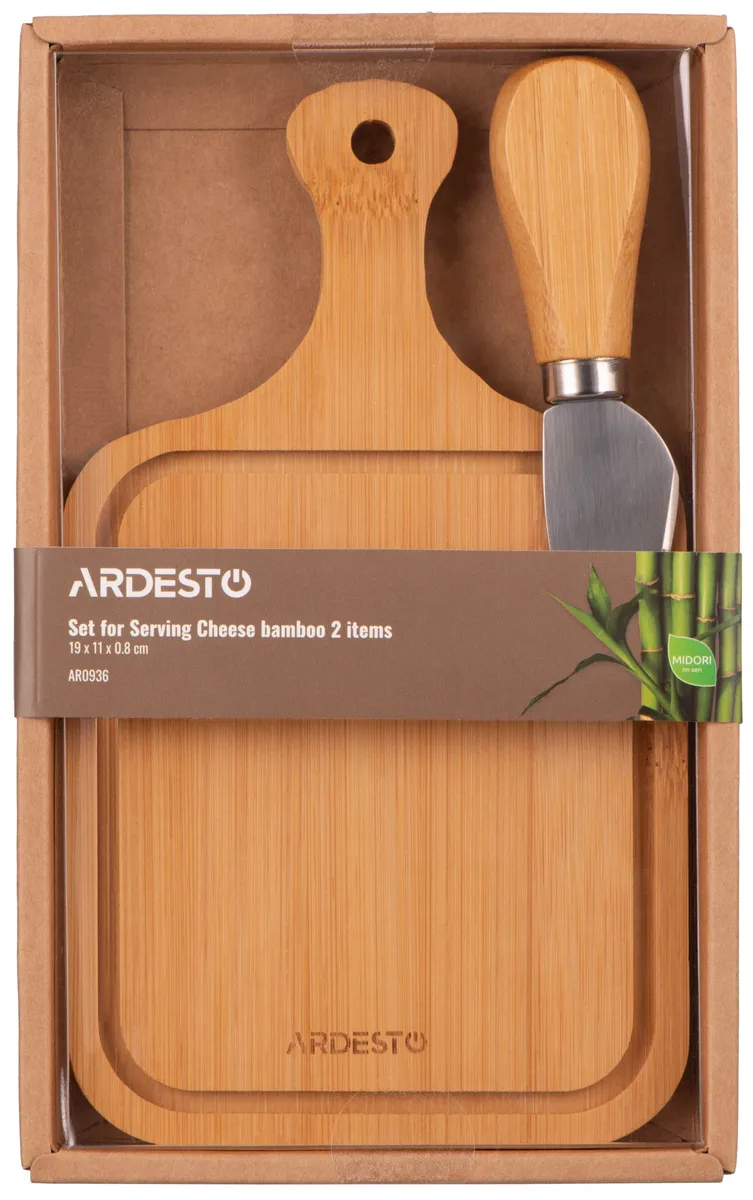 Набір для сервування сиру ARDESTO Midori, 2 предмети, 19х11х0.8 см, з бамбука та нержавіючої сталі.