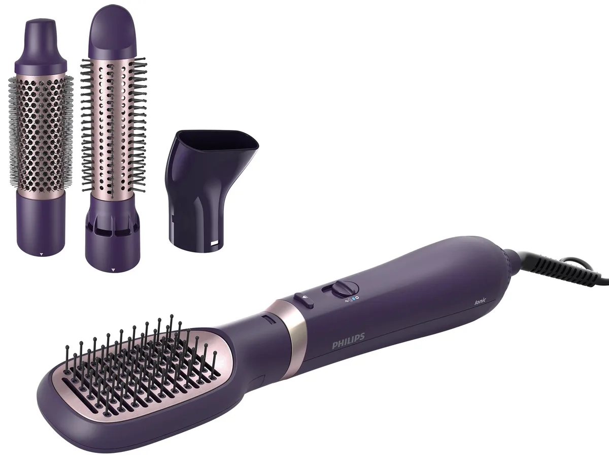 Фен-щітка Philips 3000 Series, 800 Вт, 3 температурні режими, функція іонізації, 4 насадки, фіолетового кольору.
