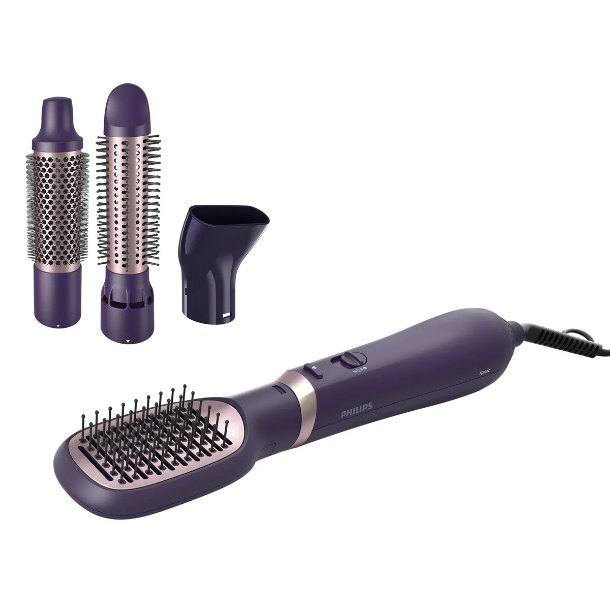 Фен-щітка Philips 3000 Series, 800 Вт, 3 температурні режими, функція іонізації, 4 насадки, фіолетового кольору.