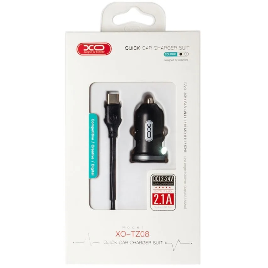 Автомобильное зарядное устройство 2USB 2.1A Type-C кабель черный пластик