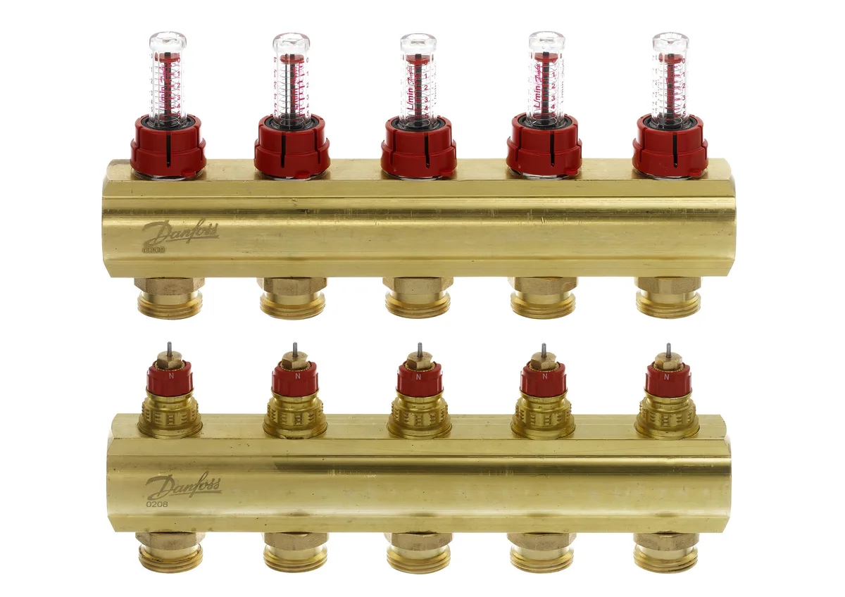 Розподільний колектор Danfoss FHF-F, 5+5 контурів, з ротаметрами, латунь