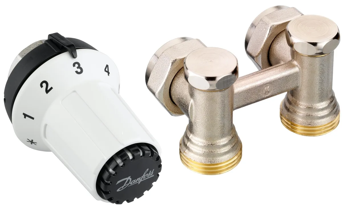Комплект термостатический Danfoss RAS-CK + RLV-KS, H-образный, нижнее подключение, M30x1.5, 1/2", угловой.