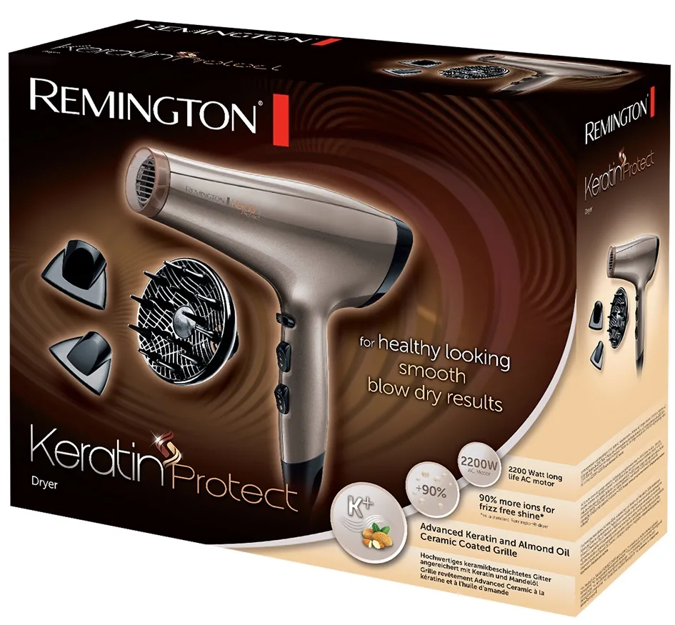 Фен Remington 2200 Вт с ионизацией, керамическое кольцо 28,3х23,6х8,7 см, Золотистый.