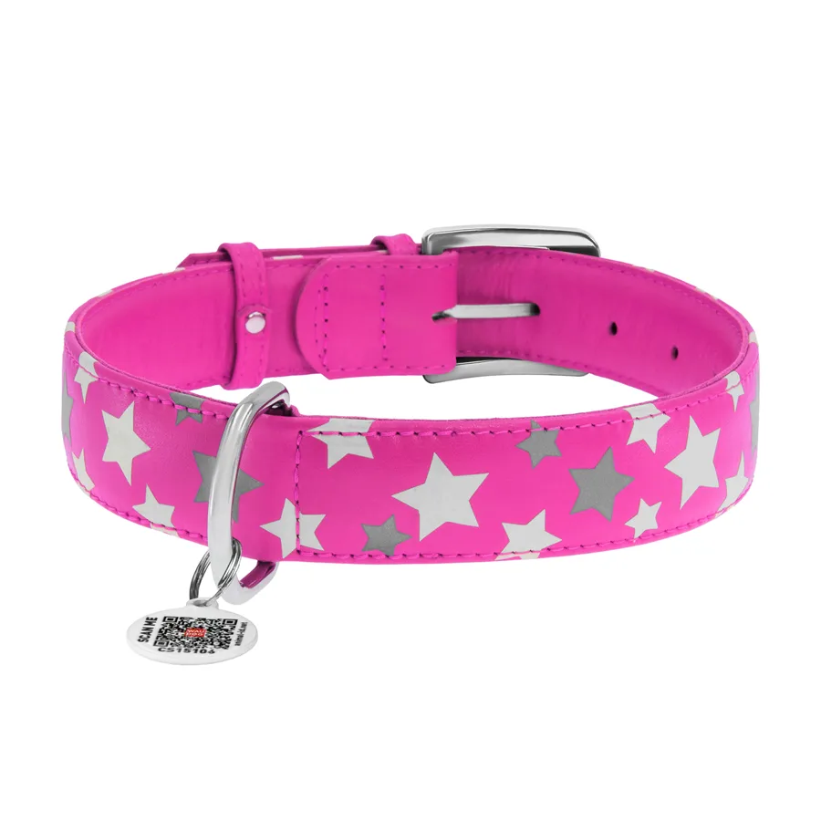 Нашийник WAUDOG Glamour шкіряний світловідбивний XL 35 мм 46-60 см рожевий з QR паспортом