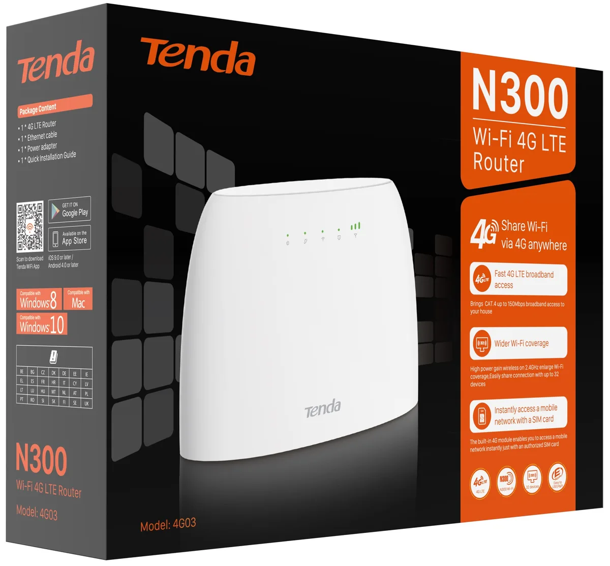 Маршрутизатор TENDA 4G03 N300, 4G/LTE, 1xFE LAN, 1xFE LAN/WAN, слот для SIM-карты.