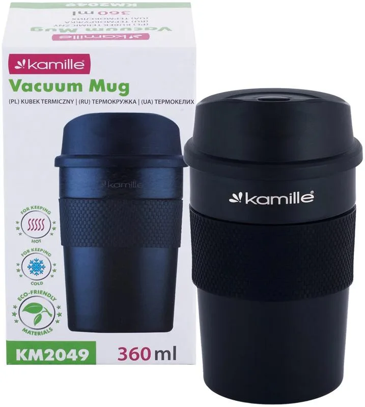 Термокружка Kamille нержавіюча сталь 480 мл матовий чорний з TPR вставкою
