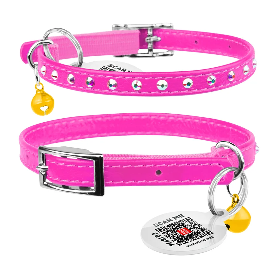 Нашийник WAUCAT Glamour 22-30 см шкіра рожевий з резинкою та стразами