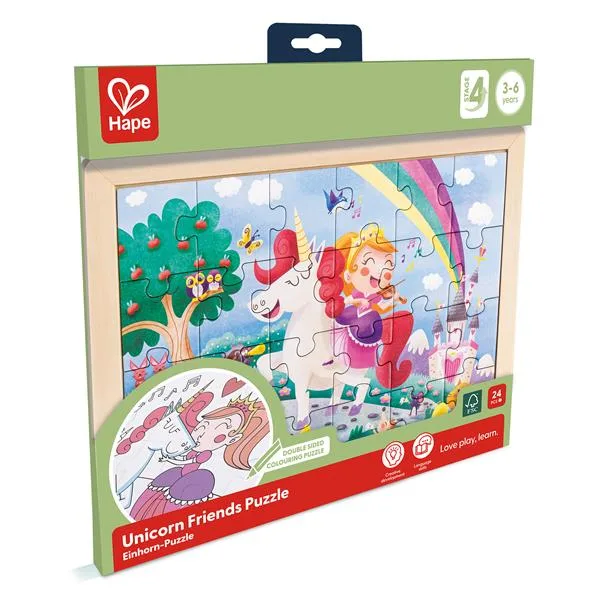 Пазл Hape картонний 30х26 см Єдинороги з розмальовкою