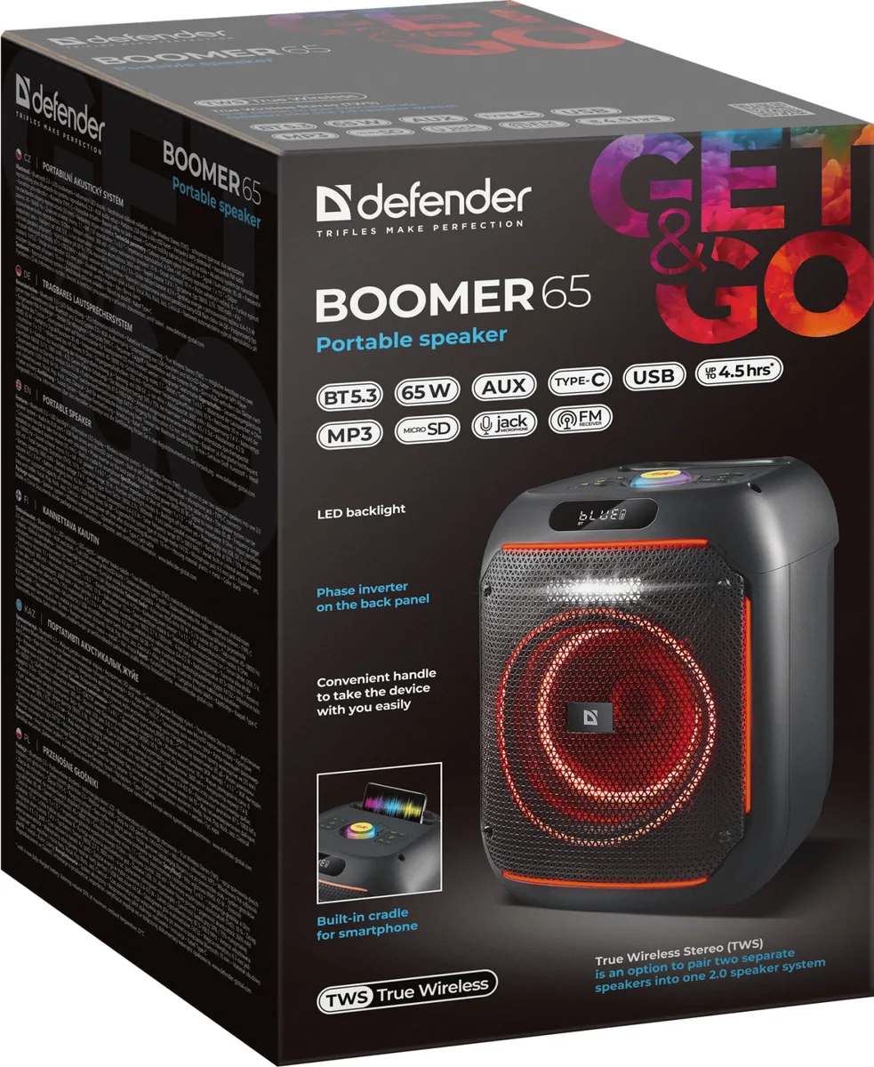 Портативна акустика Defender 65 Вт пластик 27х35х26 см чорна