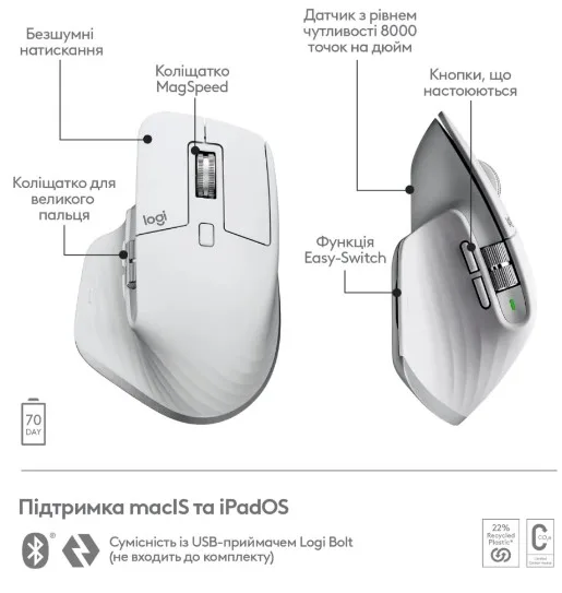 Миша Logitech бездротова оптична велика 84,3х124,9х51 мм біла срібляста