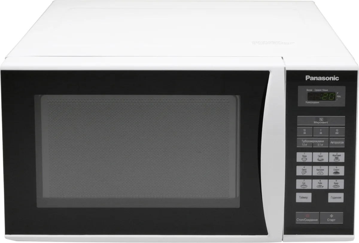 Мікрохвильова піч Panasonic, 25 л, 800 Вт, з дисплеєм, зручне відкриття ручкою, біло-чорного кольору.