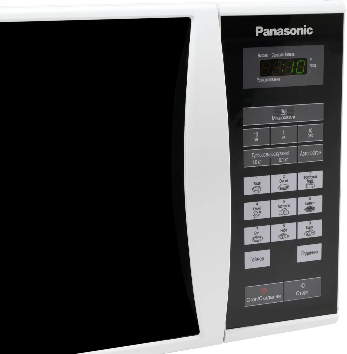 Мікрохвильова піч Panasonic, 25 л, 800 Вт, з дисплеєм, зручне відкриття ручкою, біло-чорного кольору.