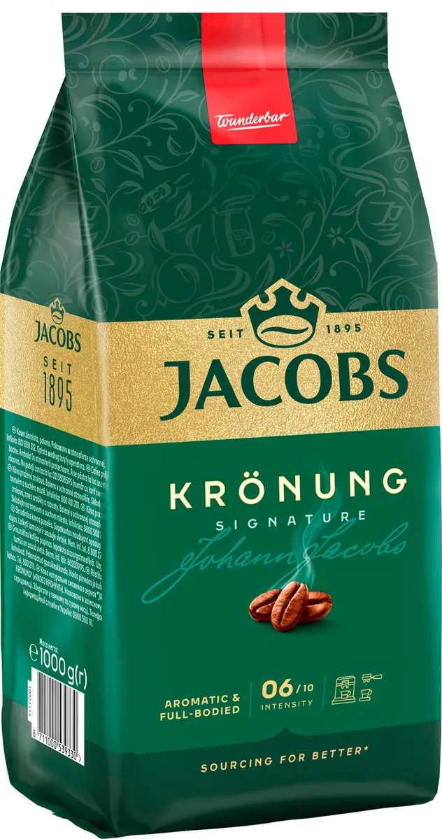 Кофе Jacobs в зернах, 1000 г, Kronung, смесь арабика и робуста