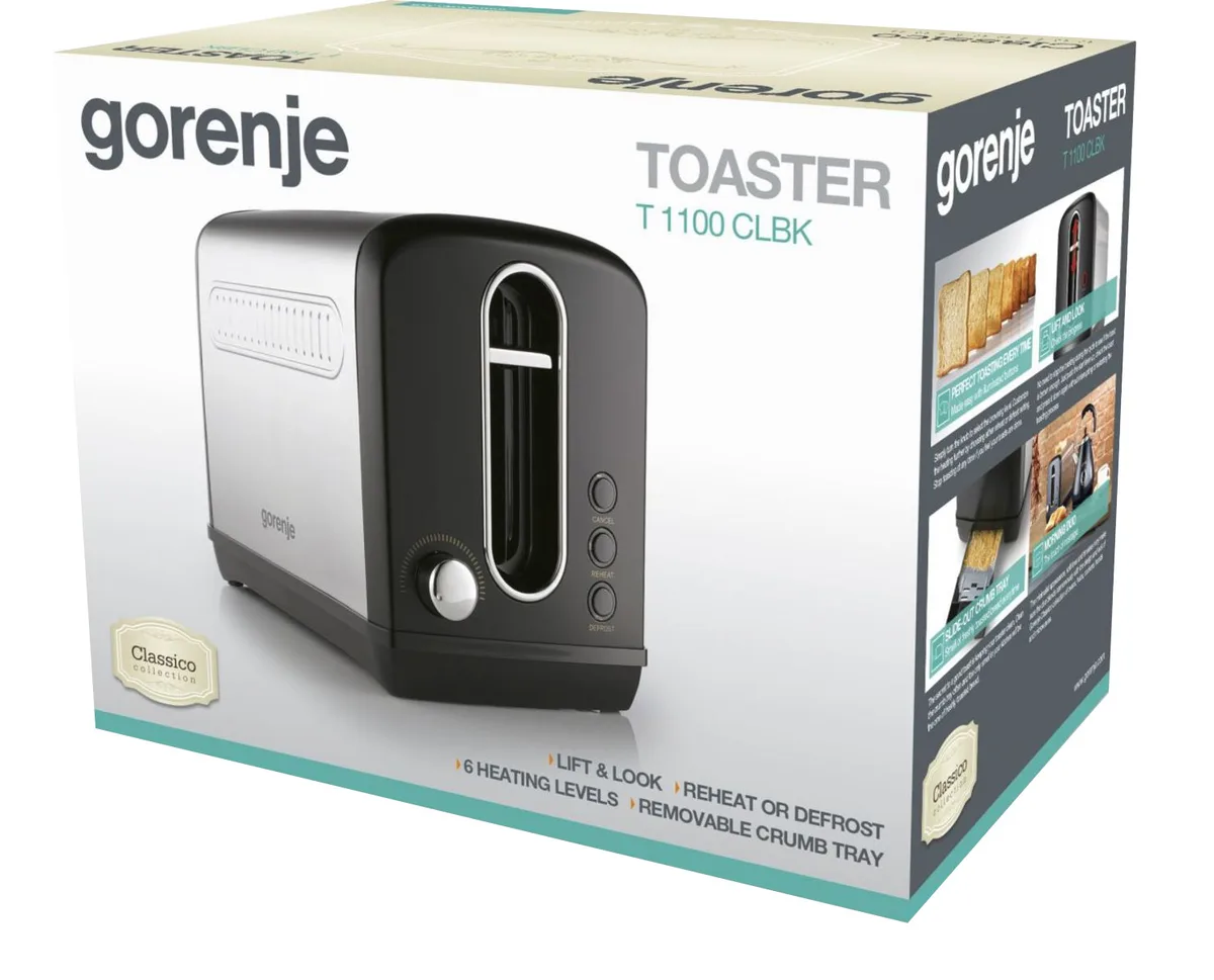 Тостер Gorenje пластик метал 29,5х22,2х18 см чорний нержавіюча сталь 950 Вт 2 тости 6 режимів