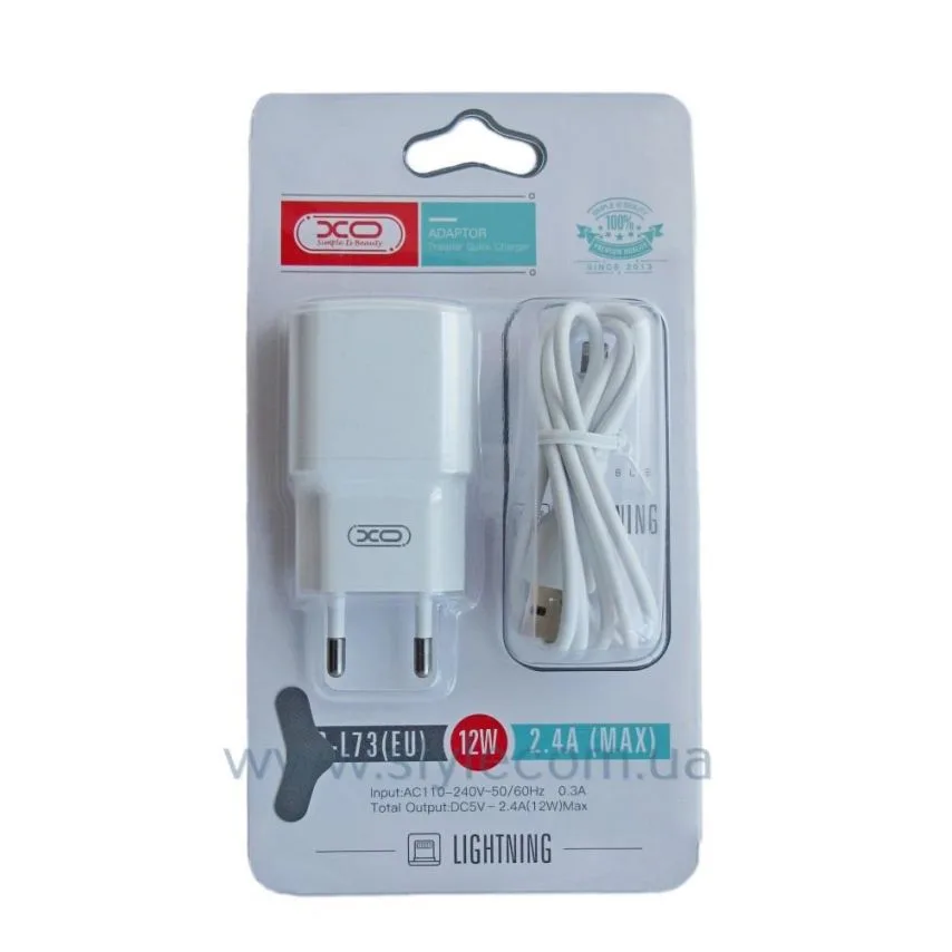 Зарядний пристрій XO 2в1 1USB 2.4A 12W з кабелем USB to Lightning Білий