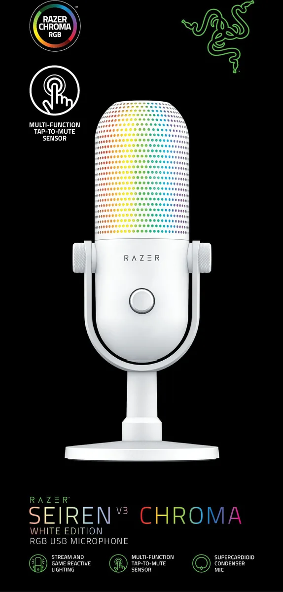 Мікрофон геймінговий Razer Seiren V3 Chroma, Uni, RGB, USB-A, 2м, білий