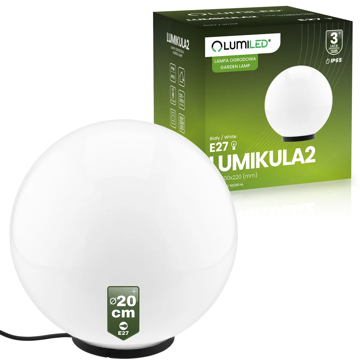 Садовий світильник LumiLED скляний E27 20 см білий IP65