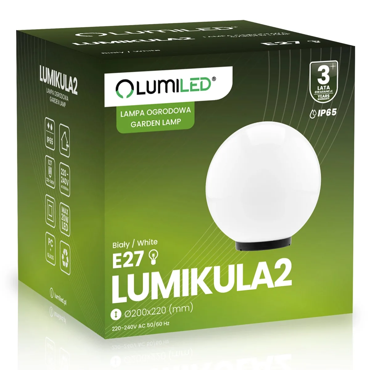 Садовий світильник LumiLED скляний E27 20 см білий IP65