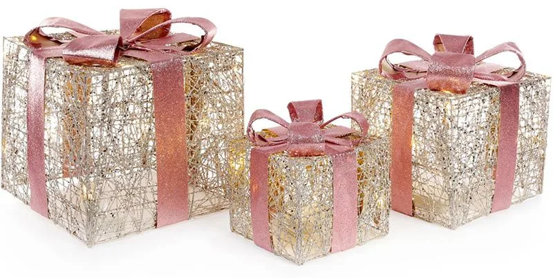 Набір декоративних коробок New Year Gifts з LED-підсвіткою 3 шт шампансь з рожевим