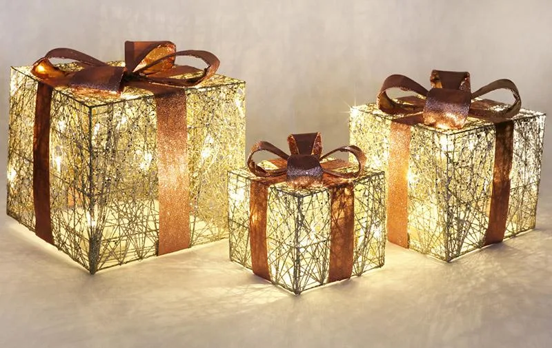 Набір декоративних коробок New Year Gifts з LED-підсвіткою 3 шт шампансь з рожевим