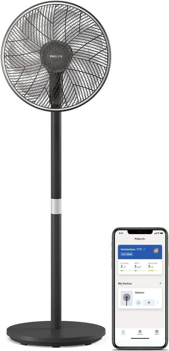 Вентилятор Philips підлоговий Series 3000, 40 см, 48 Вт, керування з мобільного додатку, регульована висота, чорний.