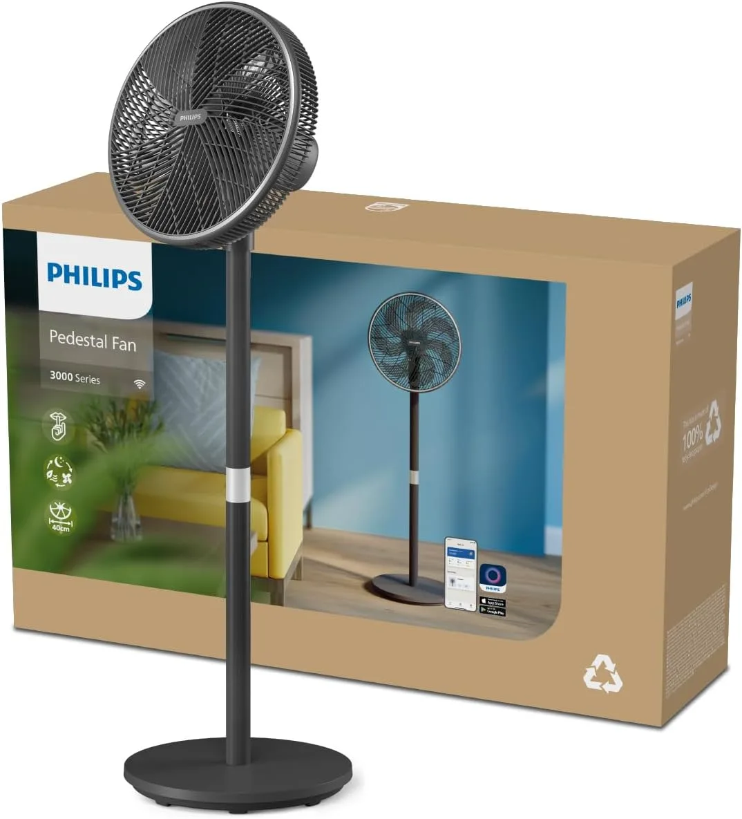Вентилятор Philips підлоговий Series 3000, 40 см, 48 Вт, керування з мобільного додатку, регульована висота, чорний.