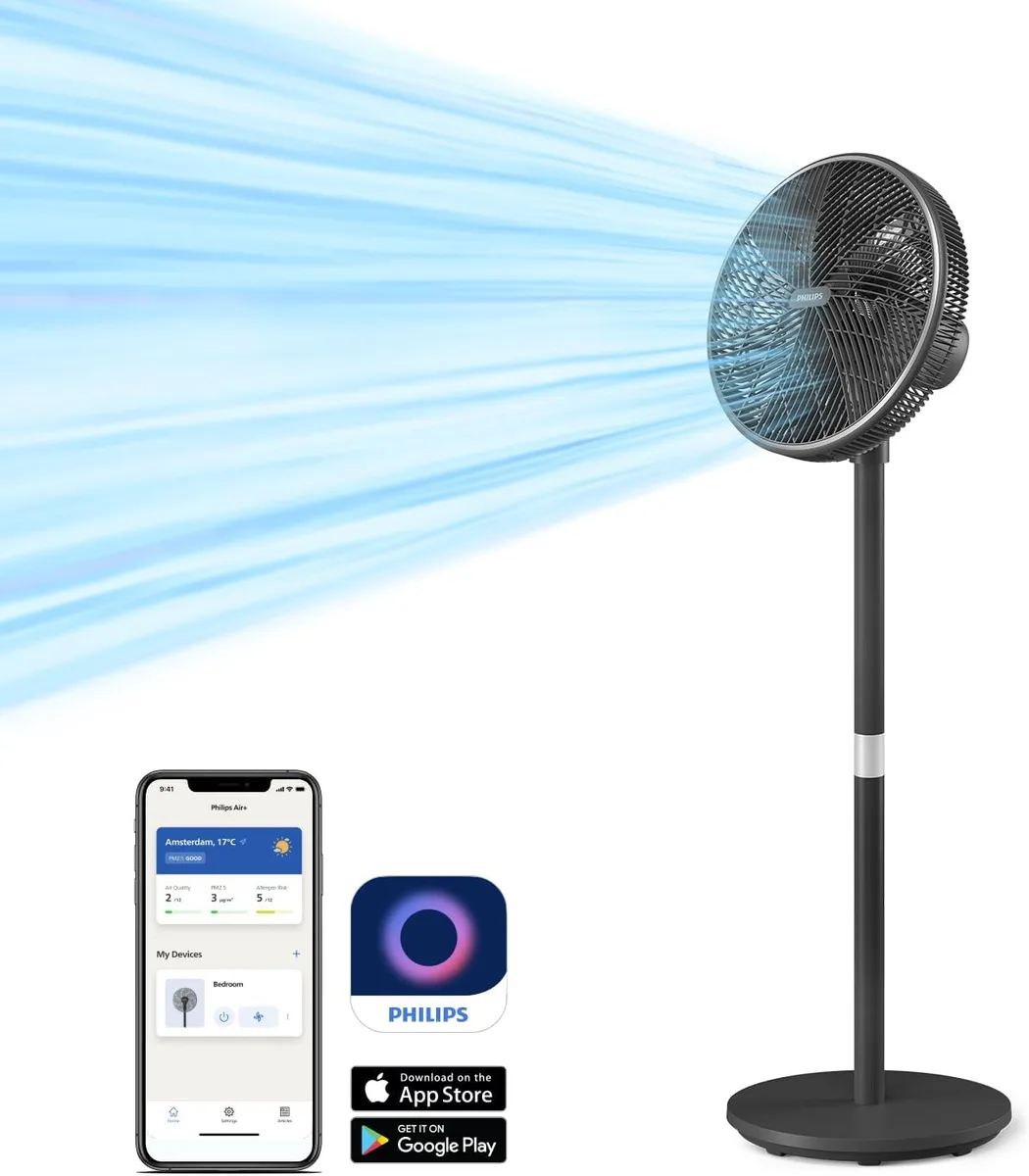 Вентилятор Philips підлоговий Series 3000, 40 см, 48 Вт, керування з мобільного додатку, регульована висота, чорний.