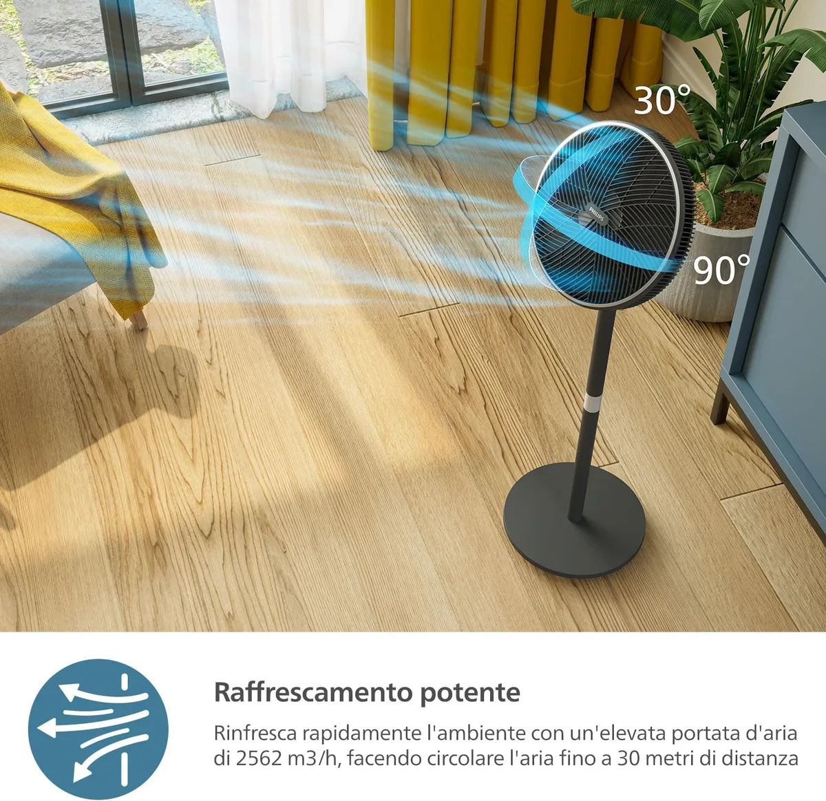 Вентилятор Philips підлоговий Series 3000, 40 см, 48 Вт, керування з мобільного додатку, регульована висота, чорний.