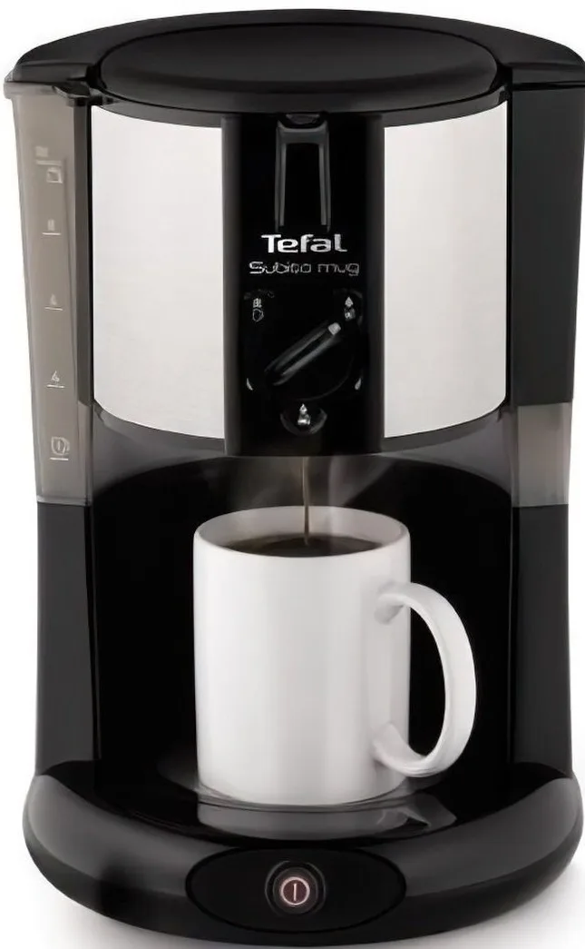 Кавоварка Tefal крапельного типу Subito для приготування меленої кави, об'ємом 1.25 л, чорного та сріблястого кольорів.