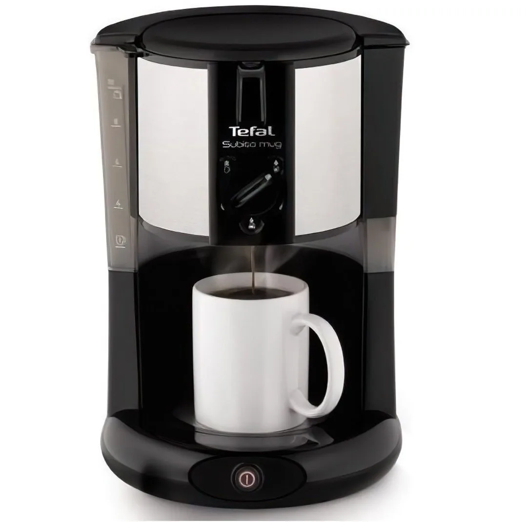Кофеварка Tefal капельного типа Subito для приготовления молотого кофе, объемом 125 л, черного и серебристого цветов.