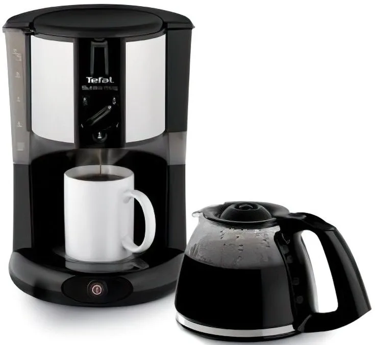 Кофеварка Tefal капельного типа Subito для приготовления молотого кофе, объемом 125 л, черного и серебристого цветов.