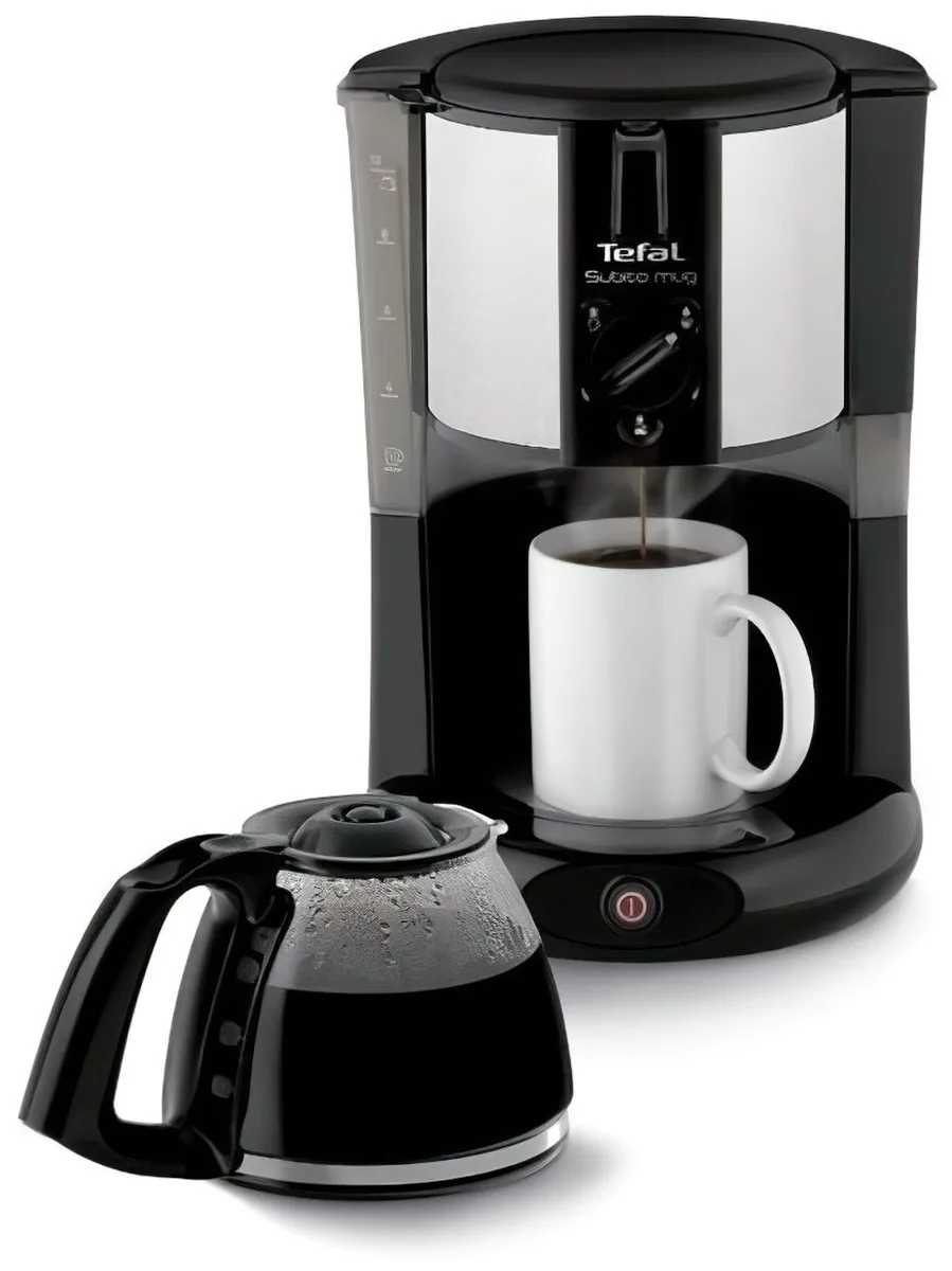 Кофеварка Tefal капельного типа Subito для приготовления молотого кофе, объемом 125 л, черного и серебристого цветов.