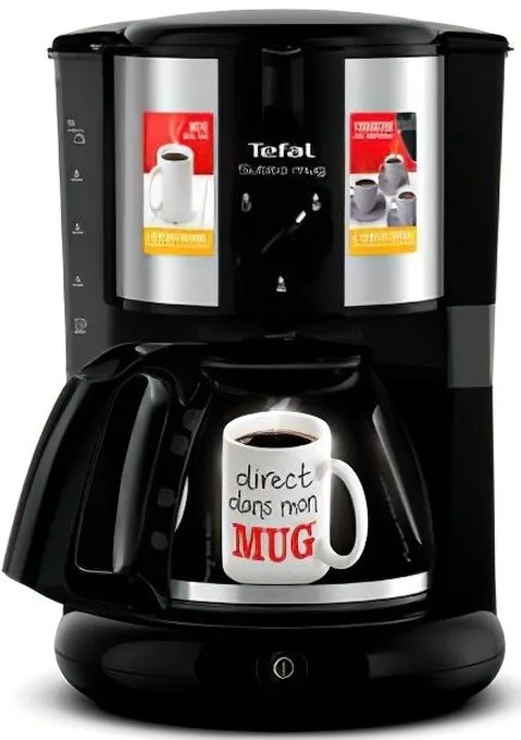 Кофеварка Tefal капельного типа Subito для приготовления молотого кофе, объемом 125 л, черного и серебристого цветов.