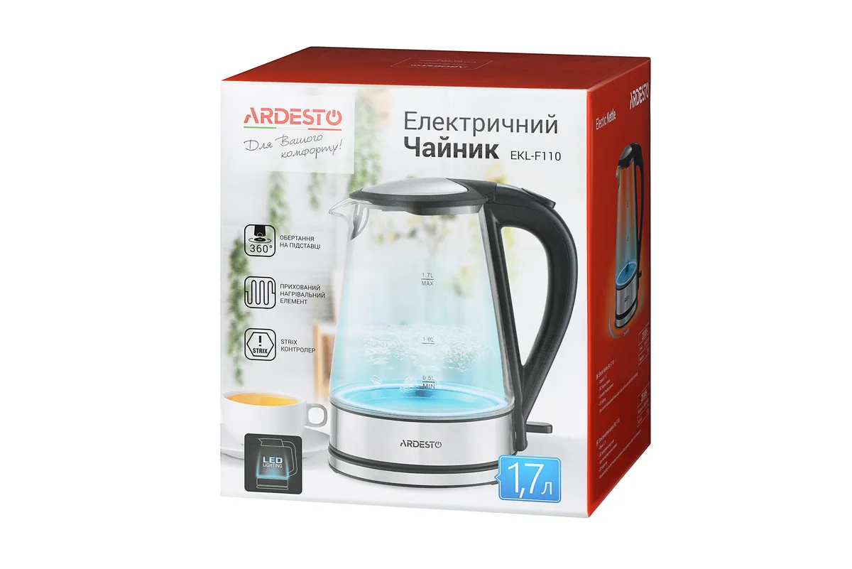 Електрочайник ARDESTO 1.7л, Strix, скляний, чорний.