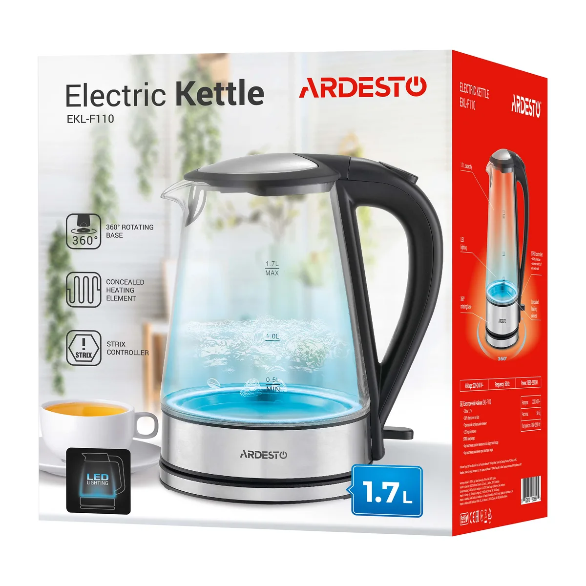 Електрочайник ARDESTO 1.7л, Strix, скляний, чорний.