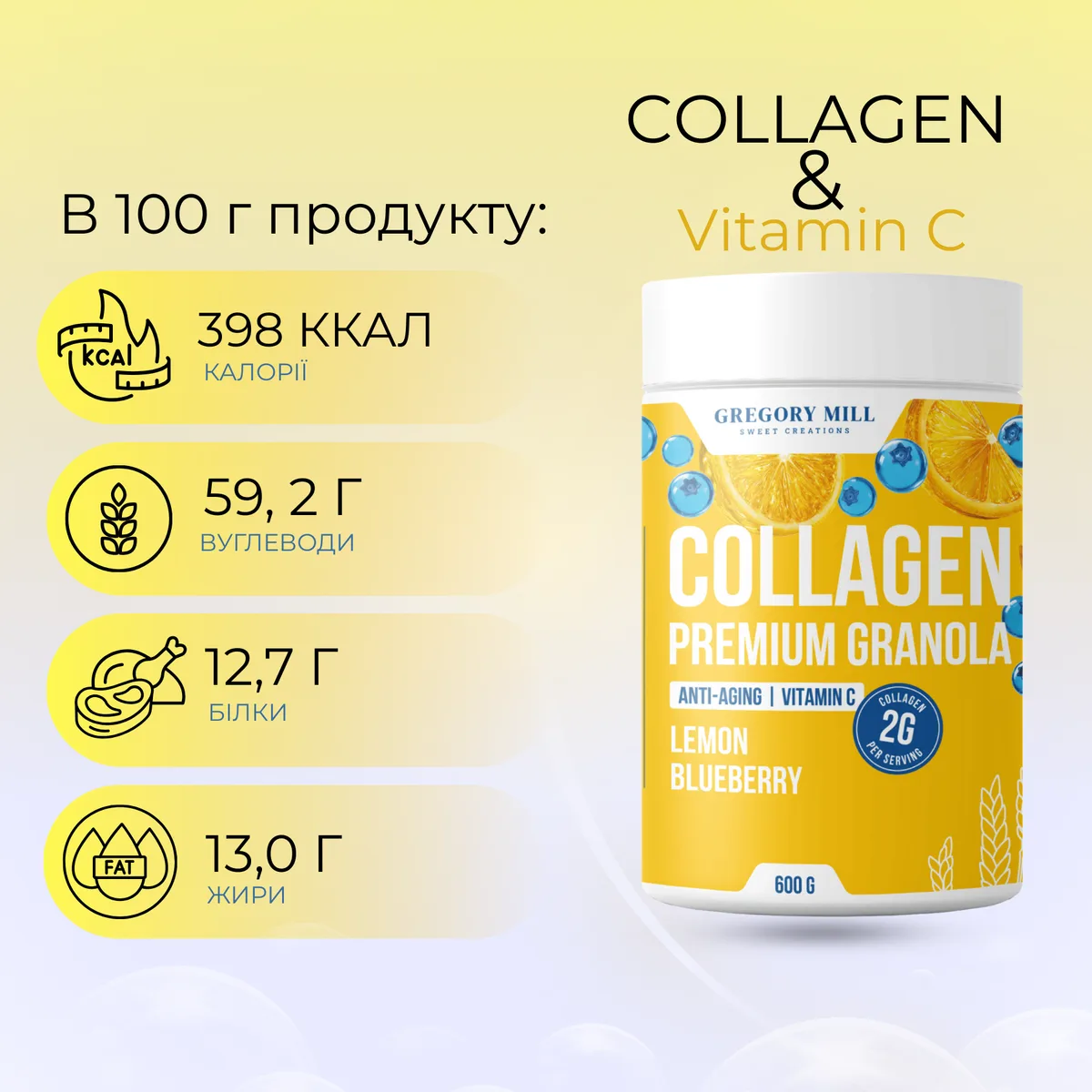 Колагенова гранола Лимон Чорниця Gregory Mill Lemon Blueberry Collagen Premium Granola, 600 г
