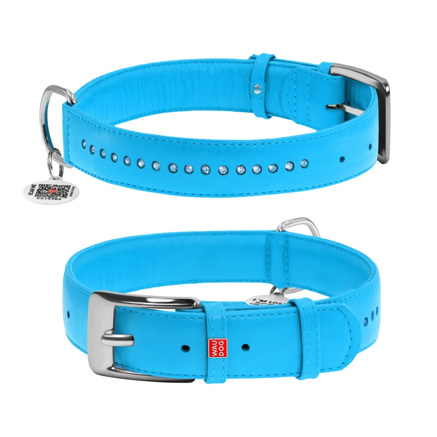 Нашийник WAUDOG Glamour шкіряний 35 мм XL 46-60 см блакитний зі стразами
