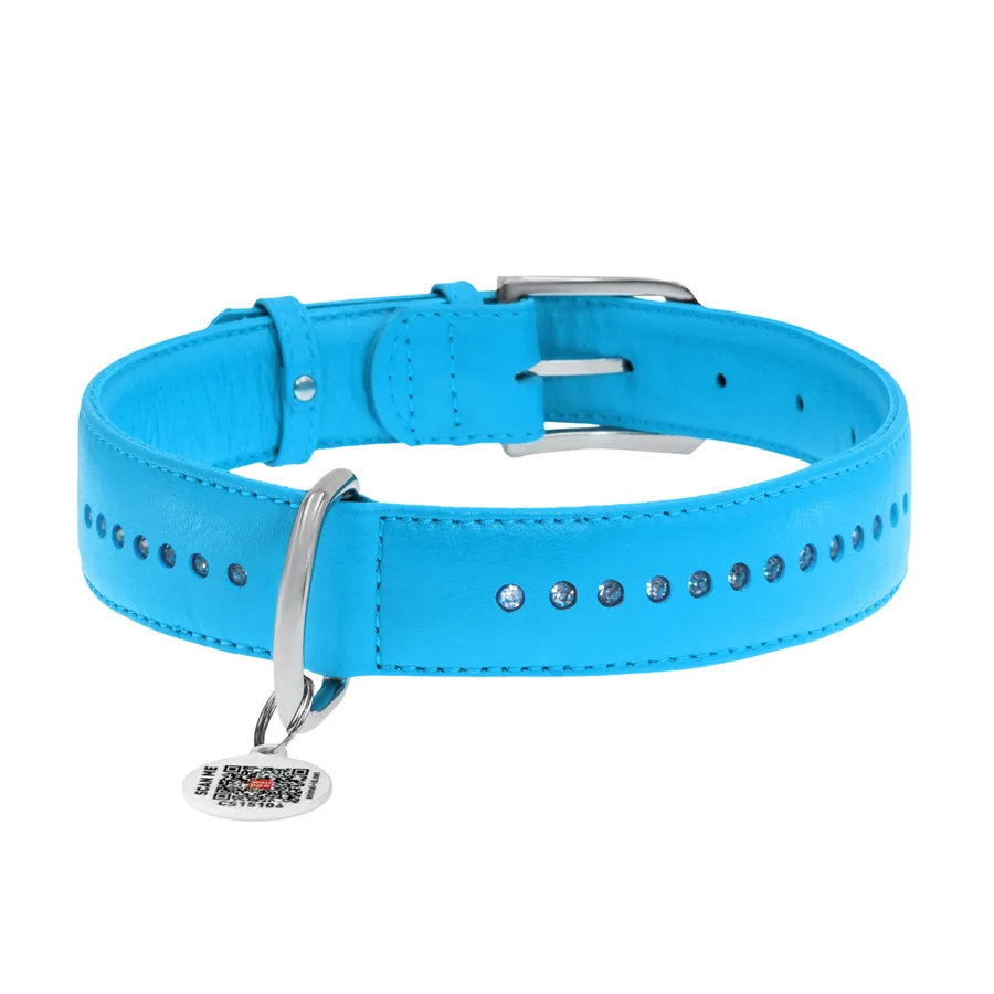 Нашийник WAUDOG Glamour шкіряний 35 мм XL 46-60 см блакитний зі стразами