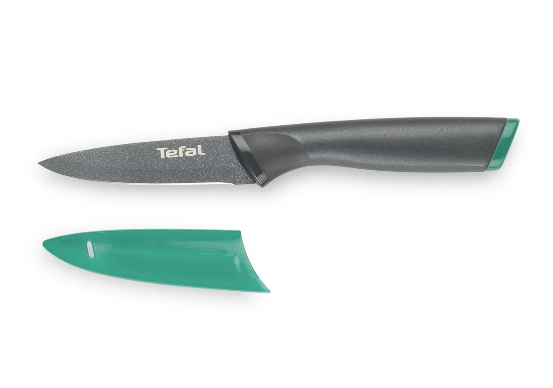 Овочевий ніж для очищення Tefal Fresh Kitchen з чохлом, 9 см, з нержавіючої сталі, чорний з зеленими акцентами.