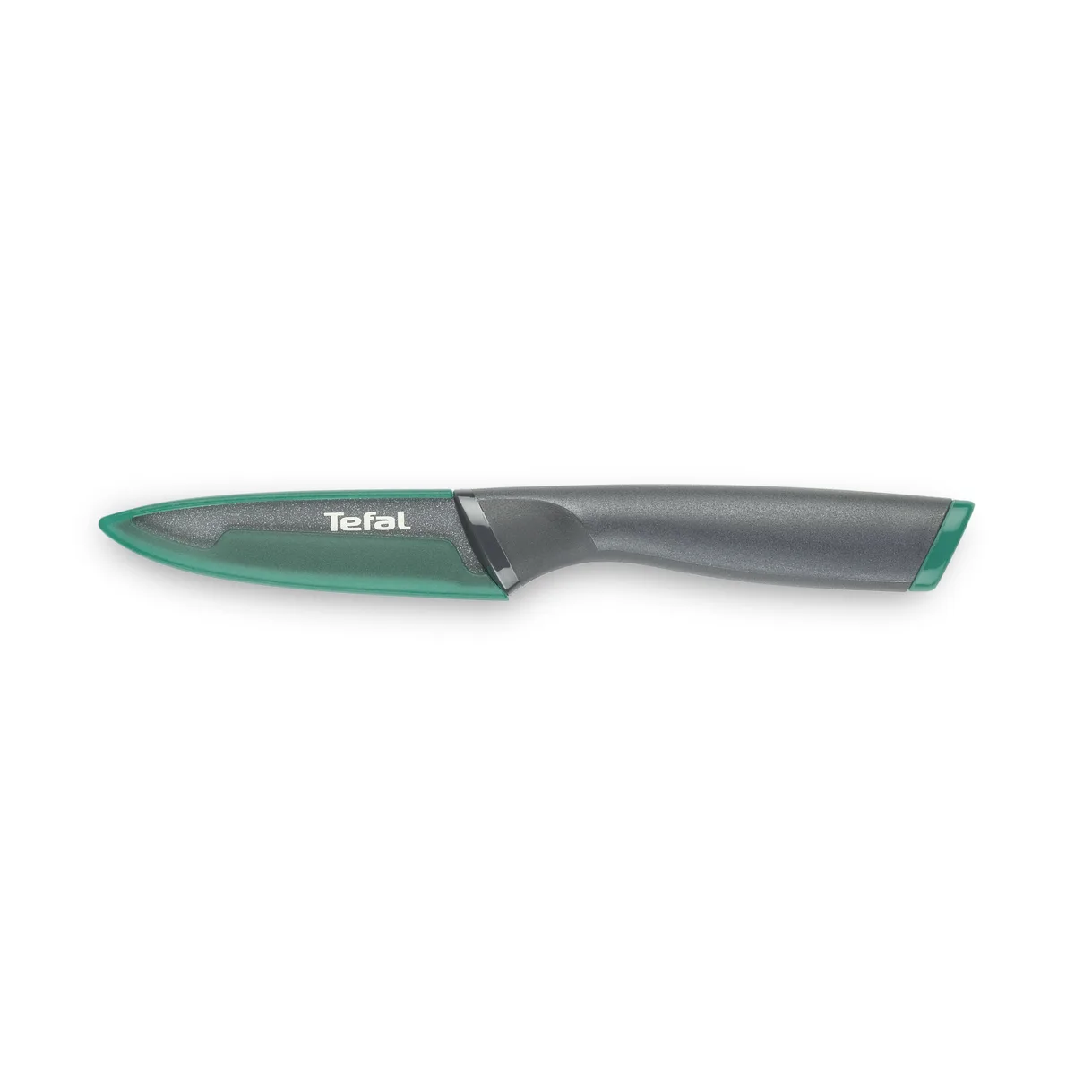 Овочевий ніж для очищення Tefal Fresh Kitchen з чохлом, 9 см, з нержавіючої сталі, чорний з зеленими акцентами.