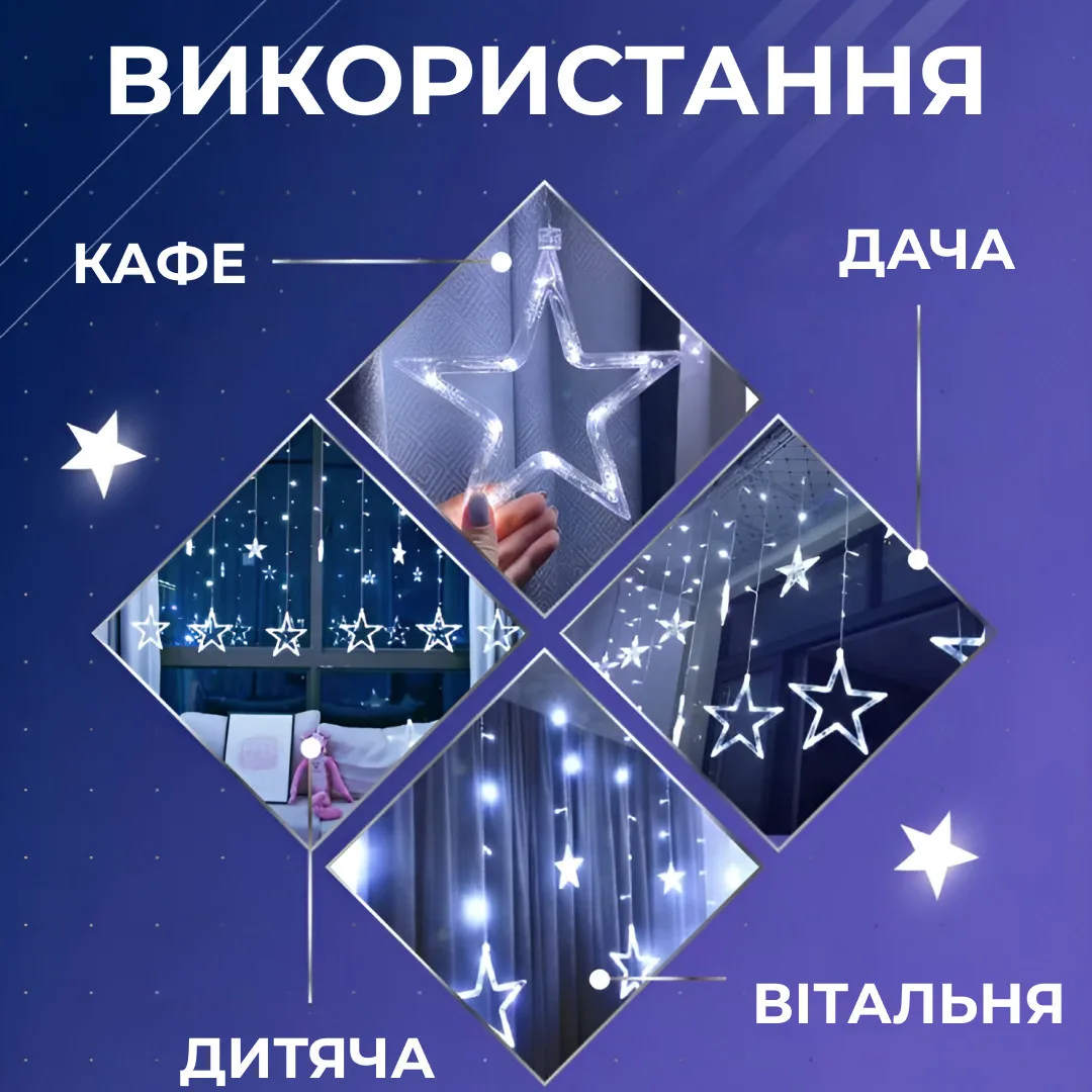 Гірлянда світлодіодна штора 3х0,7 м 108 LED Білий Зірки 6 великих 6 маленьких