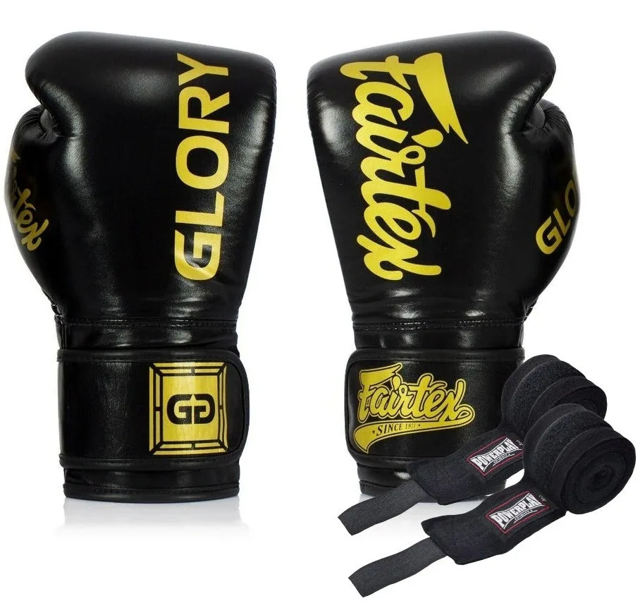 Боксерські рукавиці Fairtex натуральна шкіра 16 унцій чорні з бинтами