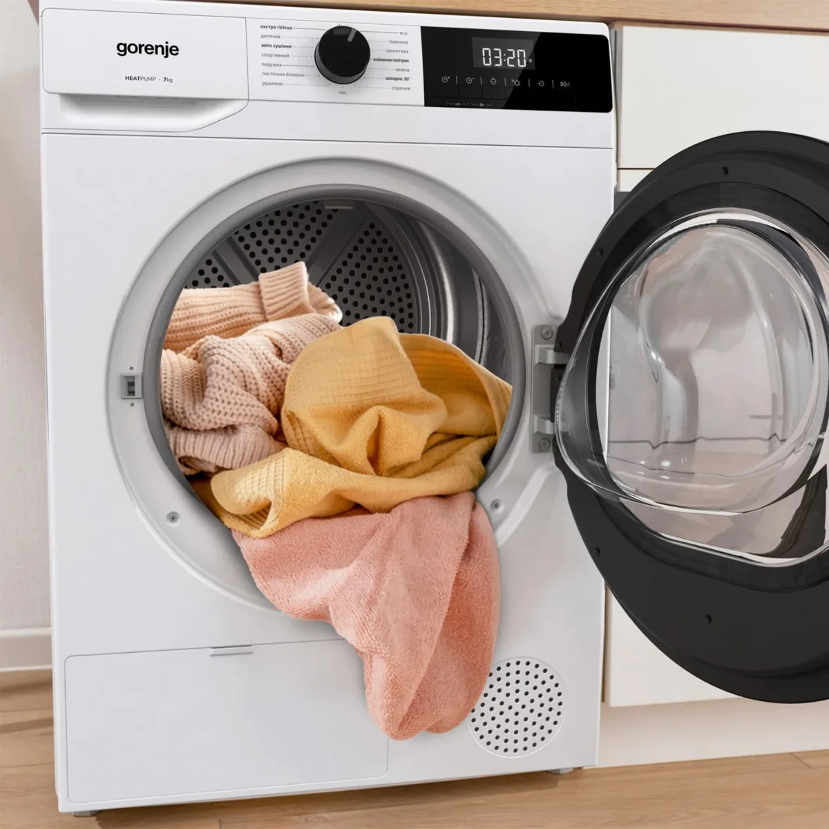 Сушильная машина Gorenje с тепловым насосом 7кг белая для дома автоматическая сушилка с дисплеем 15 программ