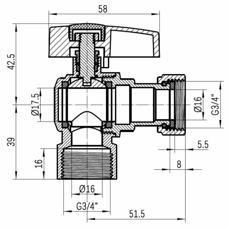 Кран кульовий кутовий 3/4"x3/4" латунь CW617N з нікелевим покриттям