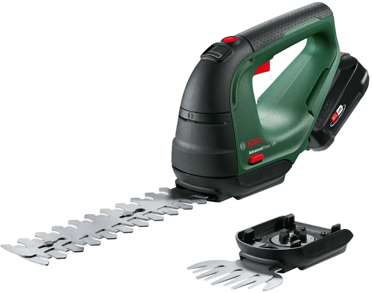 Акумуляторні ножиці для трави Bosch AdvancedShear 18V-10 з насадкою для кущорізу 10/20 см, крок різу 8 мм, комплект: 1xPBA 1x2.0А.